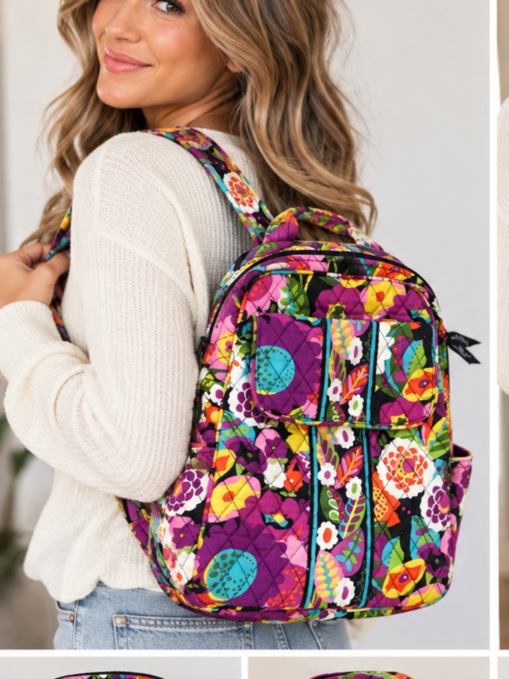 Vera Bradley Floral Quilted Backpack Purple Multicolor School Travel Bag